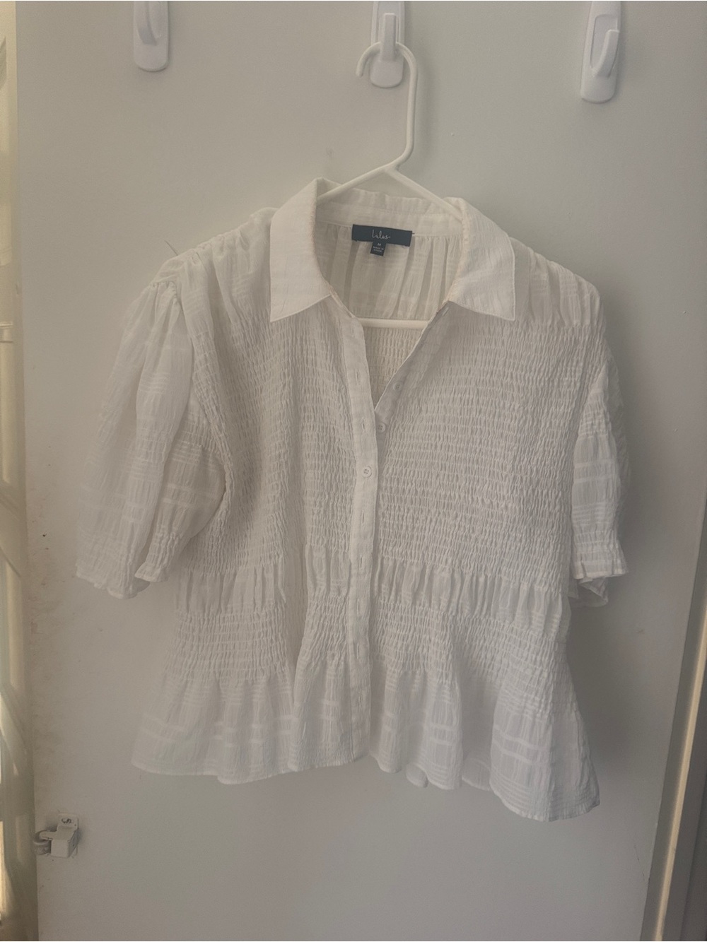 Lulu's White Smocked Button-Down Peplum Blouse
